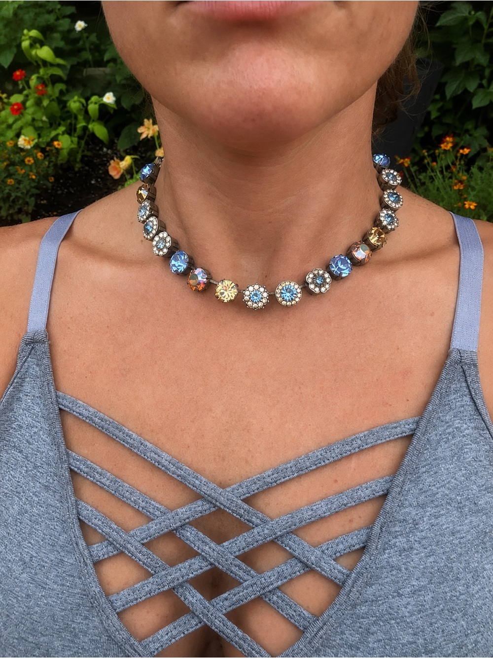 Mariana Swarvoski Crystal Blue Champagne Aurora Borealis Floral Necklace - Picture 6 of 11